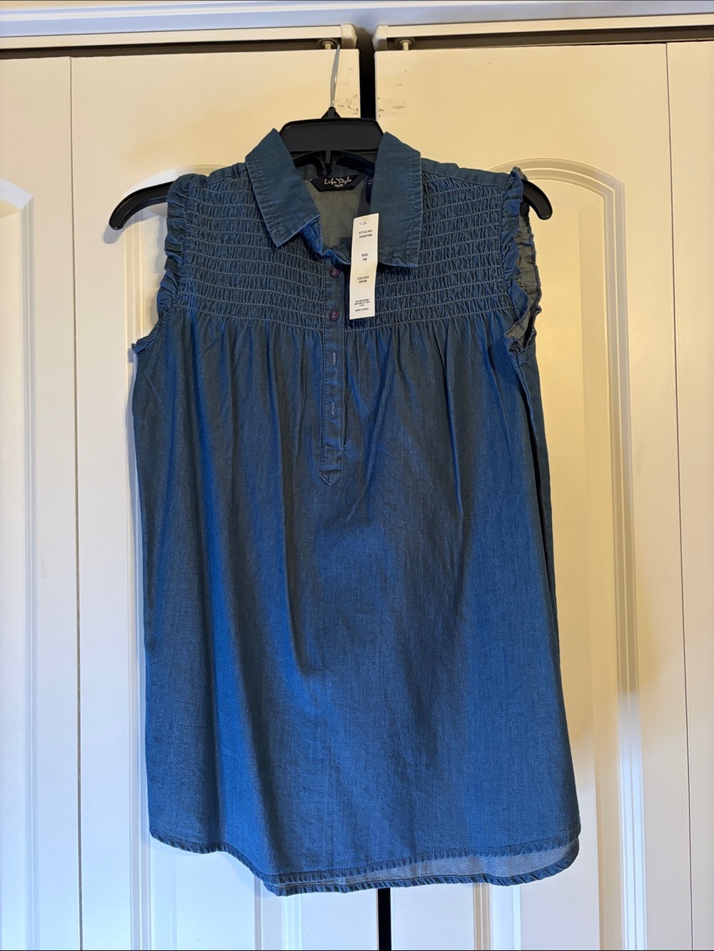 Lane Bryant Chambray Smocked Sleeveless Button-Front Top - Blue
